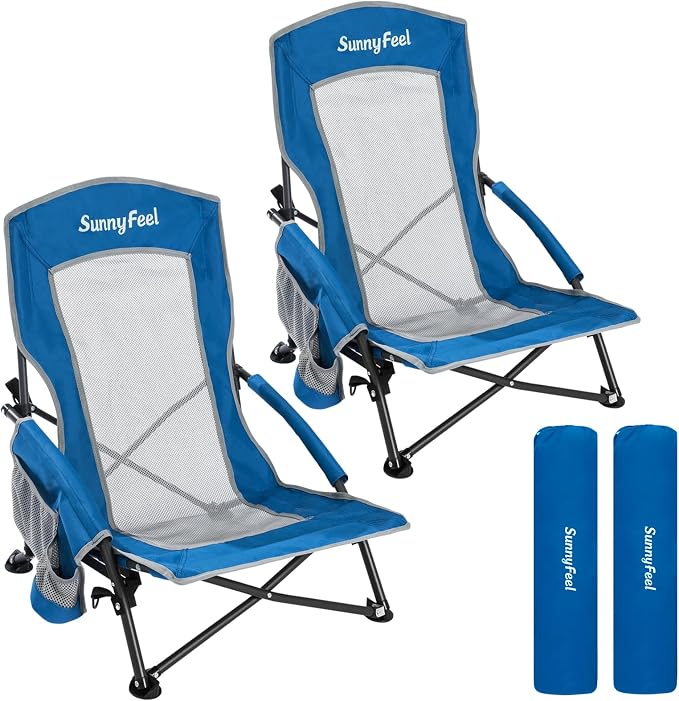SUNNYFEEL Folding Low Beach Chair 2 Pack - Lightweight Portable Lawn Chair with Mesh Back & Cup Holder, Sand Chair Load up to 300lbs for Outdoor/Travel/Picnic/Concert