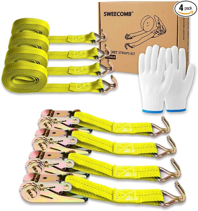 Ratchet Straps (4-Pack), 1 Inch x 16.4 Feet (2200lb Break Strength) with Sturdy Metal Hooks, 1x Work Gloves, Heavy Duty Tie Down Straps for Truck, Cargo Trailer, Motorcycle, Luggage, Moving (Yellow)