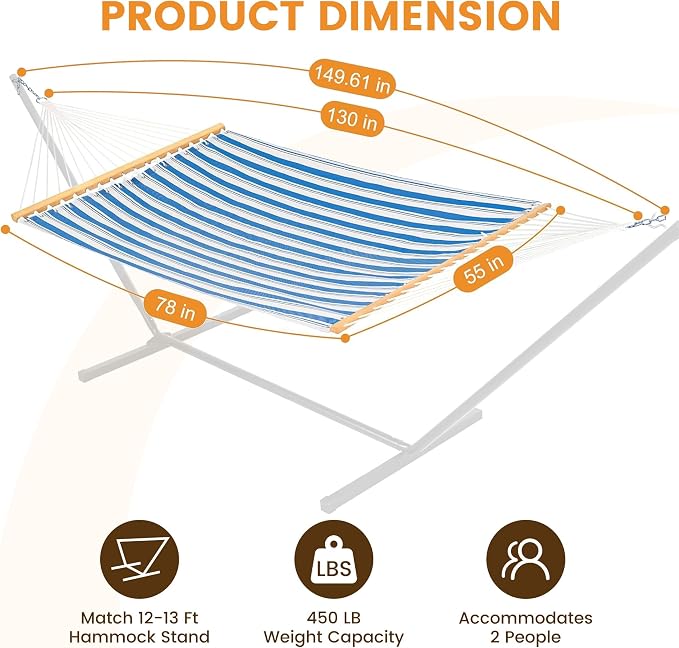 Lazy Daze Hammocks Quick Dry Hammock with Spreader Bar Textliene Fabric Double 2 Person Hammock with Chains Outdoor Patio Poolside Backyard Beach 450 lbs Capacity, Blue Stripes