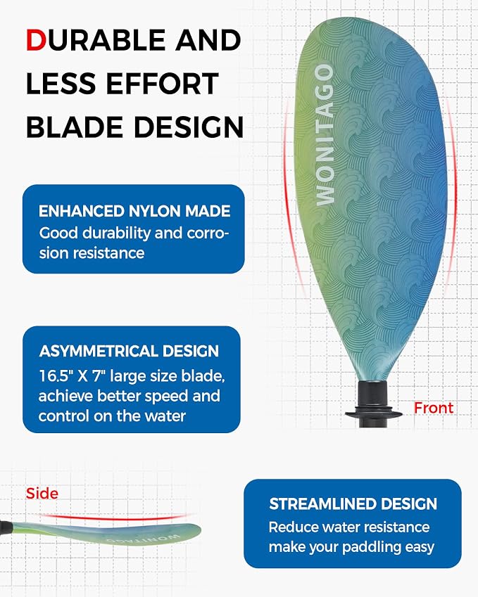 Kayak Paddle with Fiberglass Shaft and Reinforced Nylon Blade, Adjustable Kayaking Oars, 3 Piece, 230-250 cm/90-98 inches, 210-230 cm/82-90 inches