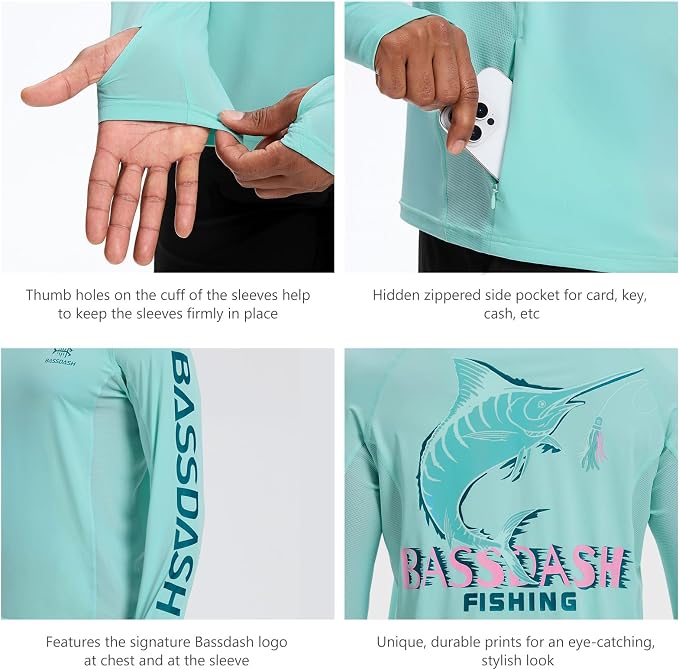 BASSDASH Men’s UPF 50+ Graphic Fishing Hoodie Shirts with Mask Pocket UV Long Sleeve Moisture Wicking FS47M