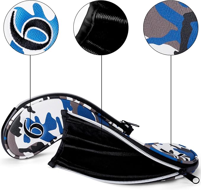 Golf Club Camo Zipper Iron Head Covers 9Pcs/Set With No. on Both Sides PU Leather Headcovers (Blue/Brown)