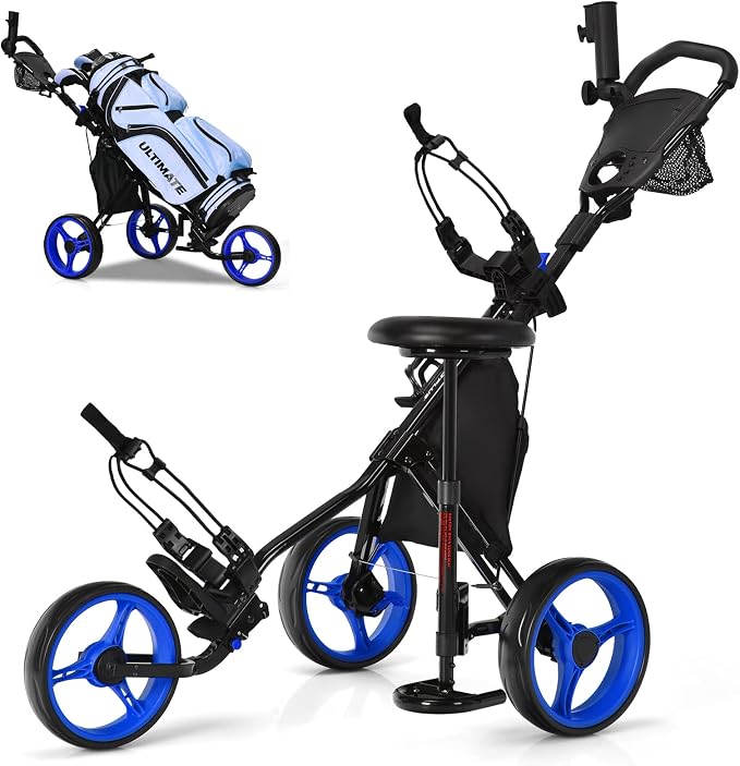 Golf Push Carts 3 Wheel Folding-Collapsible Lightweight Push Cart with Seat for Golf Clubs, Foot Brake/Umbrella Holder- 4 Height Position Handle