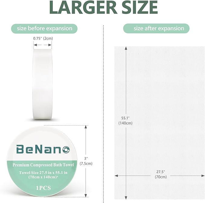 Benano Premium Compressed Towel Tablets Disposable Towel 55.1 in x 27.5 in Large Bath Towel Travel Towel Reusable for Hotel Camping Sports Hiking Beach Swimming Vacation (55.1" x 27.5" (3 Pack))