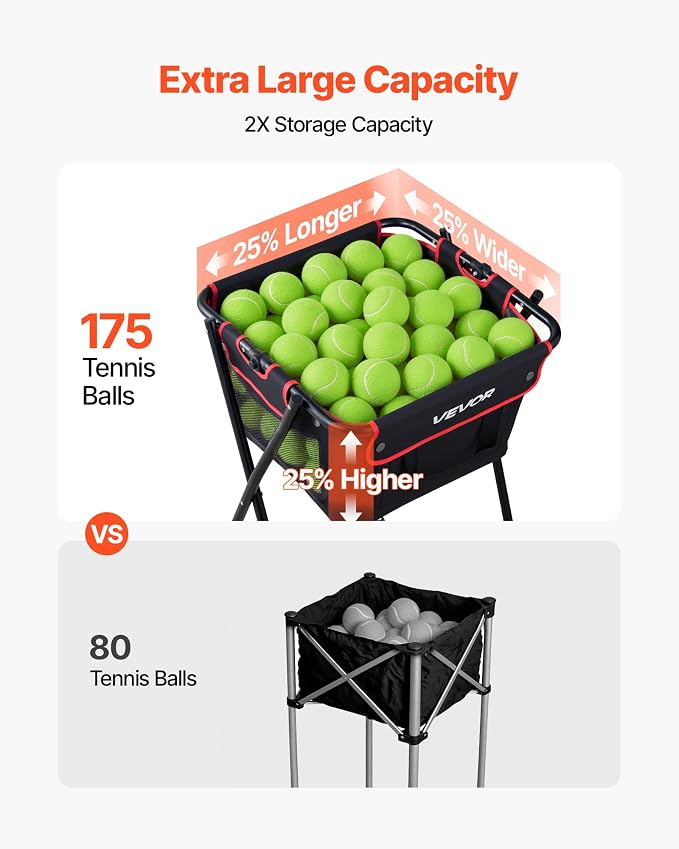 VEVOR Tennis & Pickleball Hopper Holds 200/175/150/120 Balls, 3-in-1 Tennis Foldable Pickleball Basket Cart for Easy Installation, Storage Bag for Tennis Training & Teaching