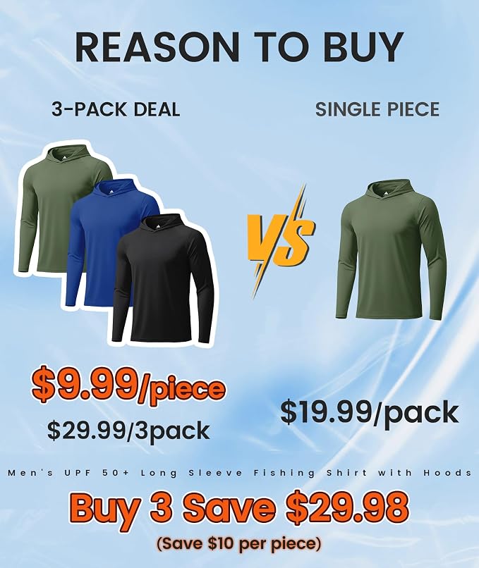 ZITY 3 Pack Men's UPF 50+ Sun Protection Hoodie Shirt Long Sleeve Shirt Fishing Shirts for Men Lightweight Rash Guard