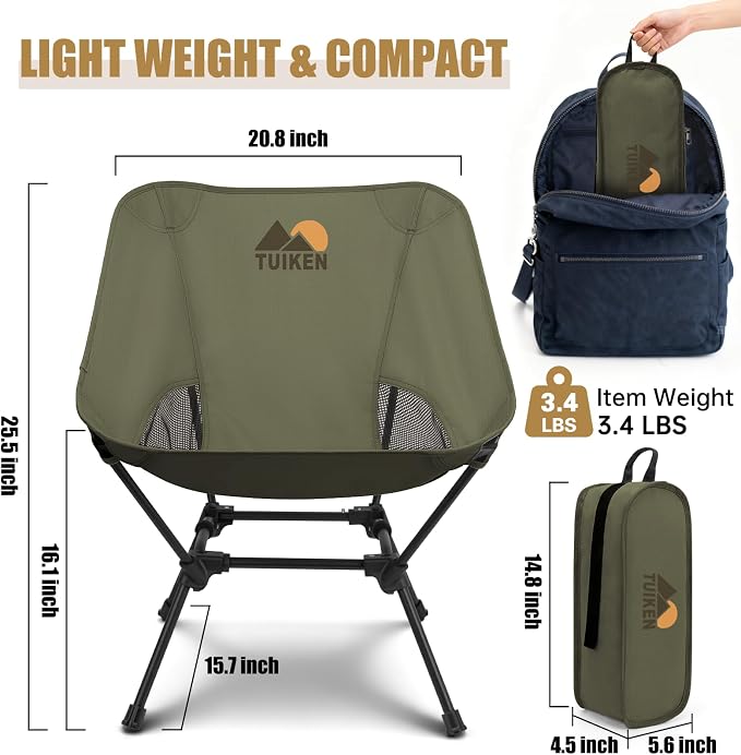 Ultralight Camping Chair Backpacking Chair, Portable Camp Chair with Cup Holder & Storage Bag, Lightweight Compact Folding Chair for Hiking, Travel, Picnic Mountaineering-Gark Green