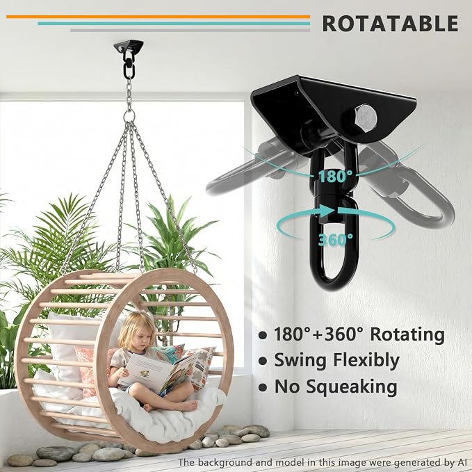 360°Rotating Hammock Hanging Kit, Heavy Duty 1200 lb Capacity Stainless Steel Hanging Swing Hooks, 1 Pack Swing Hanger for Yoga, Hammock Chair, Sandbag, Swing Sets(Black