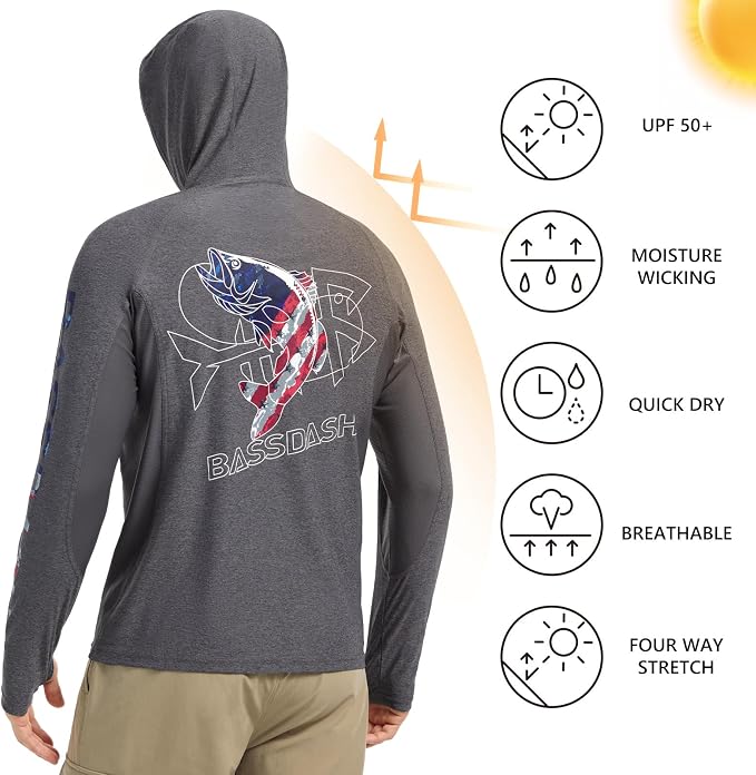 BASSDASH Men’s UPF 50+ Graphic Fishing Hoodie Shirts with Mask Pocket UV Long Sleeve Moisture Wicking FS47M