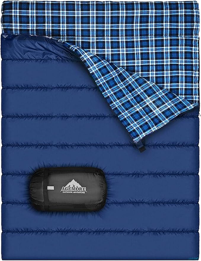 Cotton Flannel Double Sleeping Bag for Camping, Backpacking Or Hiking. Queen Size 2 Person Waterproof Sleeping Bag for Adults Or Teens. Lightweight with Compression Sack