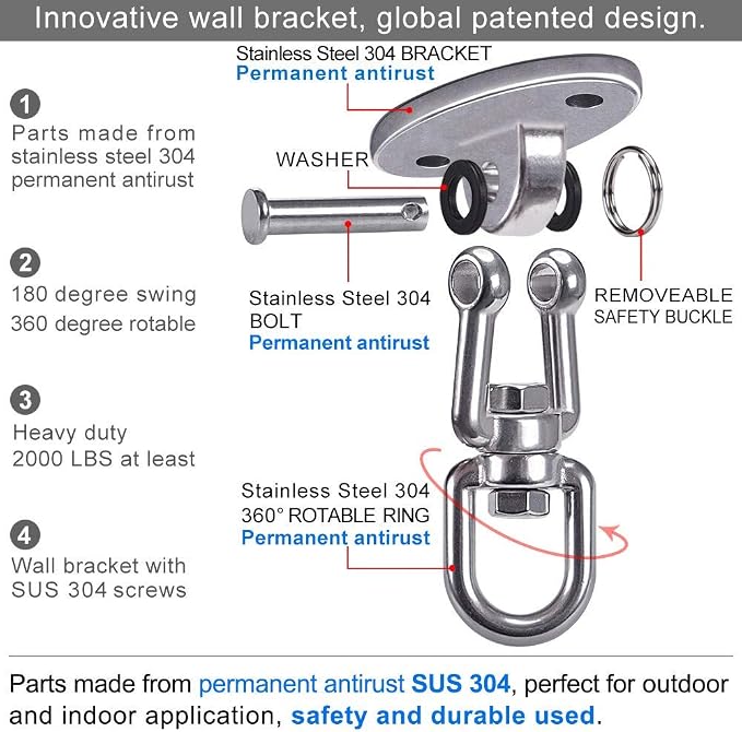 SELEWARE Ceiling Swing Mount Stainless Steel Swing Hangers Free Swivel Swing Hooks for Yoga Swing Indoor Outdoor Swing Set Porch Swing Chair Punching Heavy Bag 2000 lbs Capacity Each 2 Pack