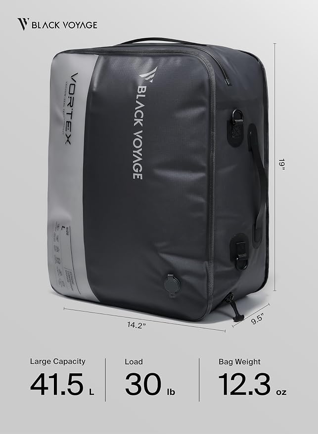 Black Voyage Reusable Vacuum Compression Travel Bag for Carry-On Suitcase and Backpack, Recycled IPX8 Waterproof Space Saver Vacpack (1-Pack, 41L - No Pump)