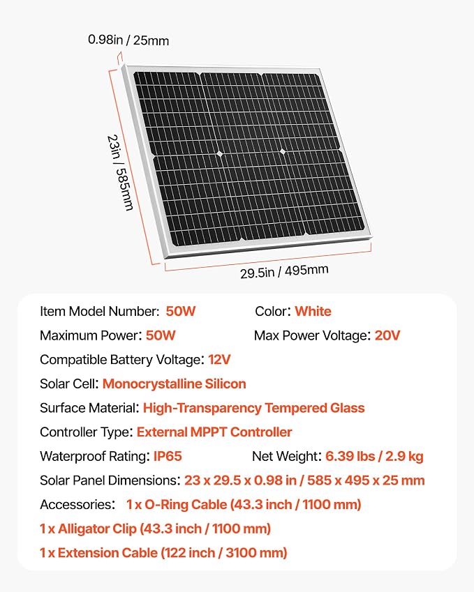 VEVOR 50W 12V Solar Battery Charger Maintainer, Mono Solar Panel Trickle Battery Charger with Upgraded MPPT Controller, IP65 Waterproof for Car Boat RV Trailer Flat Rooftop (Bracket Not Included)