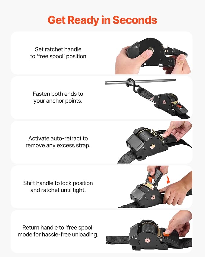 VEVOR Retractable Ratchet Straps, 2 in x 10 ft, Tie Down Straps with S Hooks, 3033 lbs Break Strength, 2 Soft Loops, Tie Down Ratcheting for Moving, Trailers, Motorcycles, Kayaks, Car Roof, 2 Pack