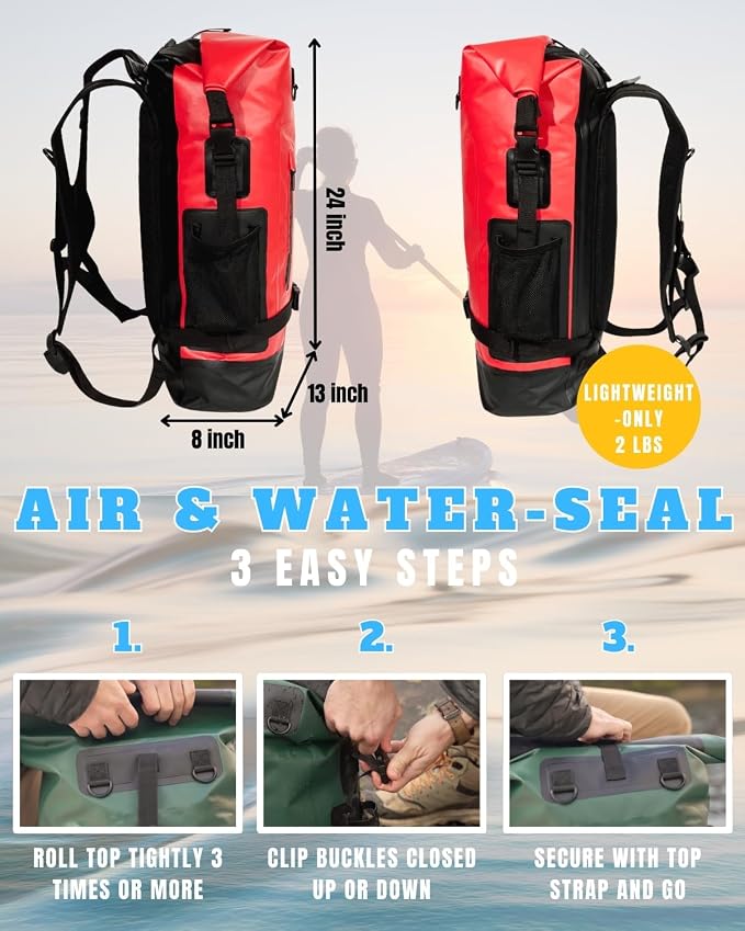 TACTIKO 35L Heavy-Duty 100% Waterproof Backpack, Roll Top Dry Bags for Kayaking, Hiking, Camping, Survival