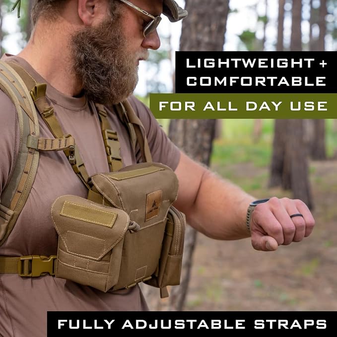 Waterproof Binocular Harness Chest Pack - Lightweight Bino Harness With Rangefinder Pouch, Binocular Case Chest Harness with Silent Magnetic Closure - MOLLE System Hunting Gear for Hunting