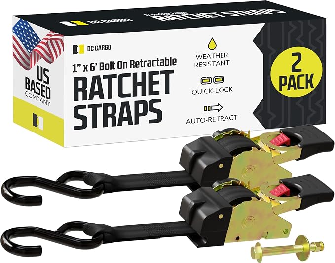 DC Cargo Mall Bolt-on Auto Retractable Ratchet Straps - (2 Pack) 1 Inch x 6 Ft - 1500 lbs Break Strength - Retractable Ratchet Tie Down Straps for Boats, Jet Skis, Motorcycles, ATVs