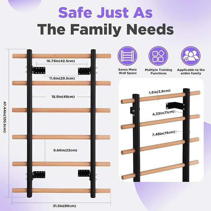 Half Height Swedish Wall Ladder Stall Bar, Space Saving Wall Mounted Solid Wood Steel Stretch Training Bar for Small Apartment Home Gym Yoga Physical Therapy