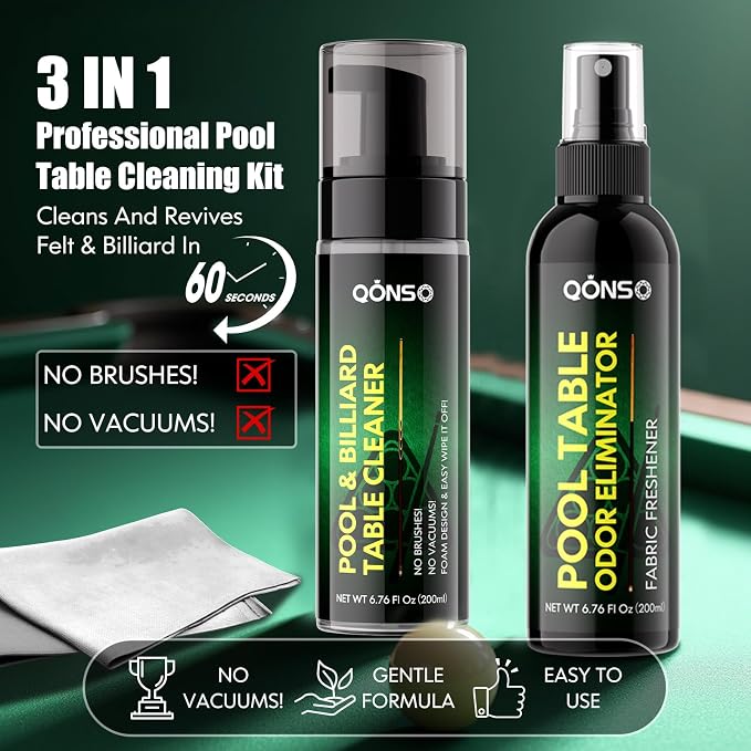 Pool Table Felt Cleaner Kit, Fast Clean Green Billiard Table Felt Cleaner Spray & Odor Eliminator Kit with Cleaning Cloth, Ready-to-Use Foam & No Residue | Essential for Home & Game Rooms