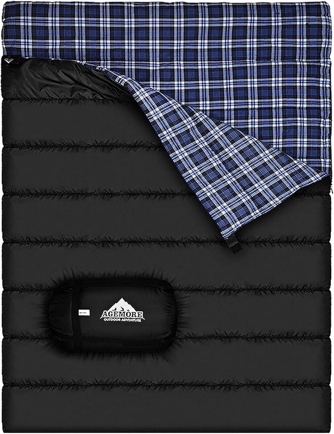 Cotton Flannel Double Sleeping Bag for Camping, Backpacking Or Hiking. Queen Size 2 Person Waterproof Sleeping Bag for Adults Or Teens. Lightweight with Compression Sack