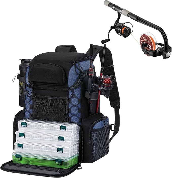 Piscifun Fishing Line Winder Spooler Machine and Piscifun Fishing Tackle Backpack with Rod Holders & 4 Tackle Boxes