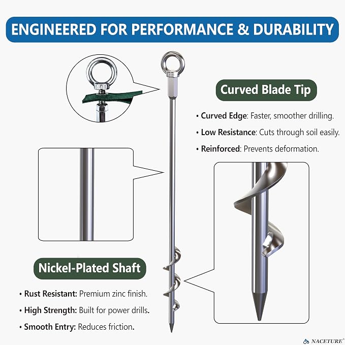 NACETURE 18-Inch Heavy Duty Ground Anchors Screw in, 4 Pack Earth Anchor Kit with Manual & Power Wrench, Tie-Down Straps and Stainless Steel Eye Bolts for Trampoline, Swing Set, Shed, Tent and Canopy