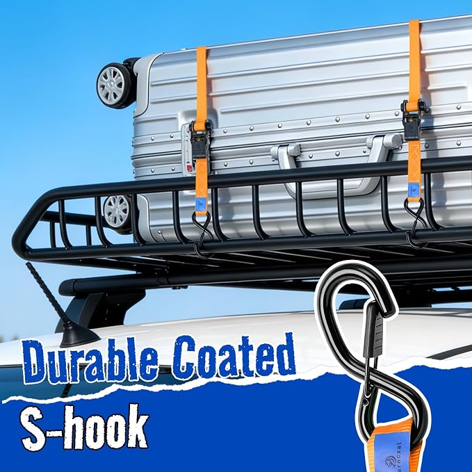 Ratchet Straps 4 Pack - 1,826 Lbs Break Strength 1 in x 15 Ft Medium Duty Ratchet Tie Down Straps with S Hooks Set for Truck, Cargo Van, Trailer, Motorcycle (Orange)