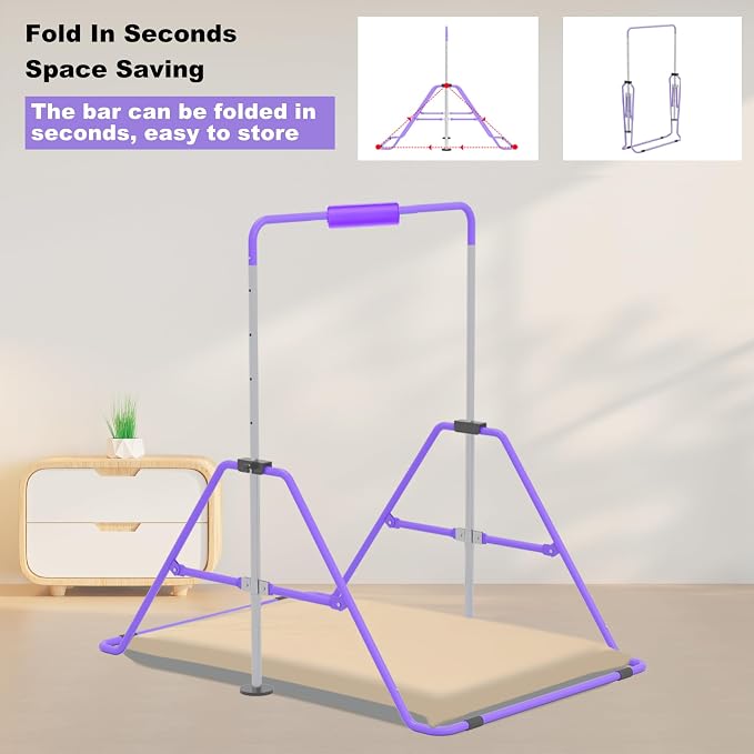 Gymnastics Bar with Self-Inflating Mat for Kids, Adjustable Height Gymnastic Horizontal Bars with Mat, Folding Gymnastic Training Monkey Bars, Junior Expandable Training Kip Bar for Home