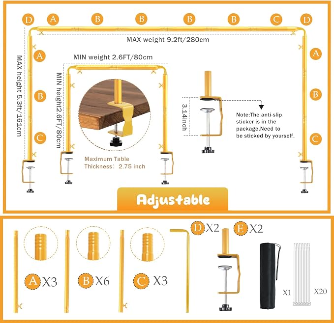 ParseBio Over The Table Rod Stand with Clamps Adjustable 31"-110'' Length 31"-64" Height Gold Table Balloon Arch Stand with Storage Bag, For Valentines Day Party Wedding Anniversary Decoration