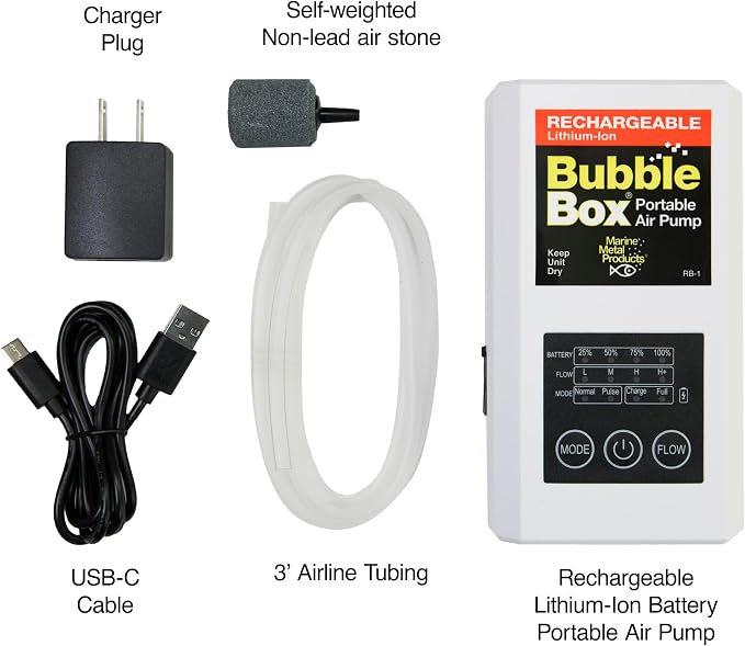 Marine Metal RB-1 Rechargeable Bubble Box Live Bait Aerator, Water Resistant Air Pump, Portable