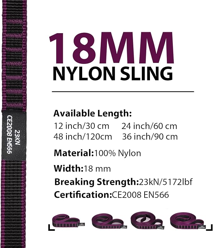 18mm Nylon Climbing Sling Runner 23KN CE2008/EN566 Certified - Webbing Straps for Outdoor Rock Climbing, Rappelling, Swing, Yoga Hammock etc