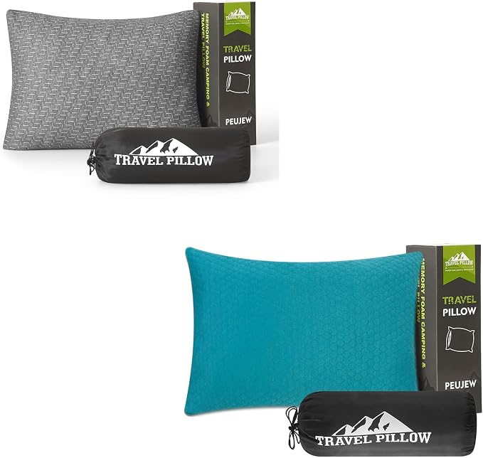 Travel Pillow Compressible Camping Memory Foam Pillow - Turquoise Blue M Size, Dark Grey S Size, Ideal Backpacking, Airplane and Car
