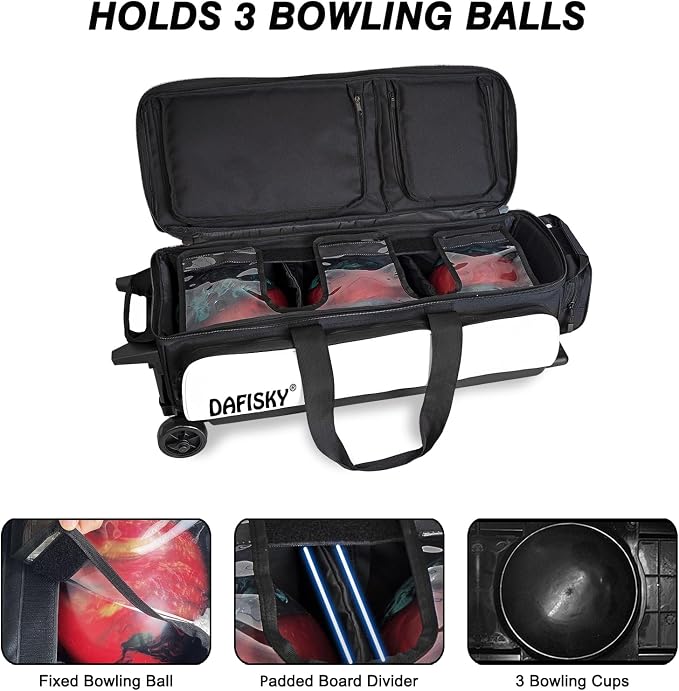DAFISKY 3 Ball Bowling Bags with Wheels, Roller Bowling Bag with Multiple Pockets Retractable Handle Extends to 38‘’