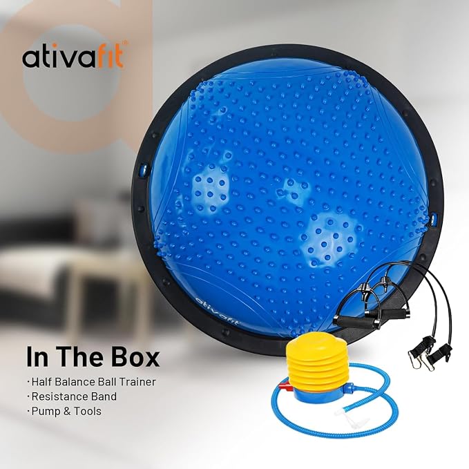 ATIVAFIT Balance Ball Trainer - Half Exercise Ball with Inflation Pump & Resistance Bands - Anti-Burst PVC Stability Trainer for Home Gym, Yoga, Core Training - 660 lbs Capacity