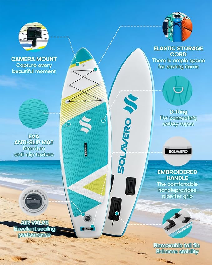 SOLAVERO Stand Up Paddle Board, 11‘ Inflatable SUP Supports 500LB - Wide Stable Board with Non-Slip EVA Deck for Adults & Youth of All Skill Levels