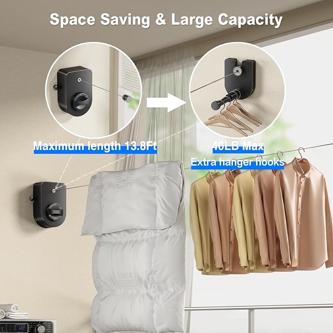 Mustorn Retractable Clothesline Indoor, Non-Sagging Outdoor Clothes Line Retracting Heavy Duty Clothes Drying Laundry Line Wall Mounted Stainless Steel Line-13.8 Feets (Single Line-Black)