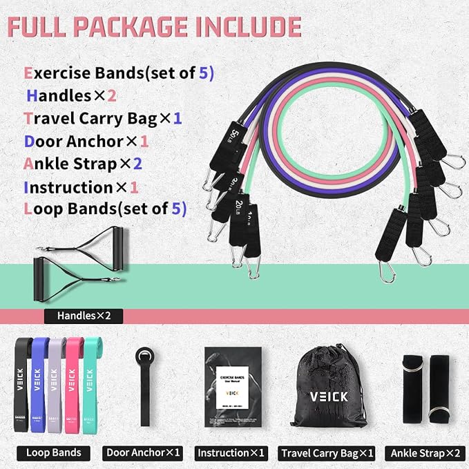 VEICK Resistance Bands Set, 10-150 LBS Stackable Exercise Bands with Handles, Ankle Straps & Door Anchor, Workout Bands for Home Gym, Yoga, Pilates, Physical Therapy for Men Women