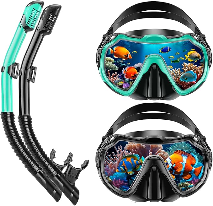 Snorkeling Gear for Adults, Adult Snorkel Set with Panoramic Anti-Leak and Anti-Fog Tempered Glass Snorkel Mask, Dry Top Snorkel, Snorkle Mask Set Adult with Mesh Bag Ear Plug for Snorkeling