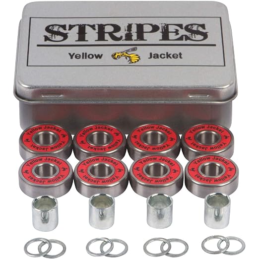Yellow Jacket Premium Skateboard Bearings, Pro Longboard Bearings, 608, ABEC 9, Washers and Spacers, Racer Red (Pack of 8)
