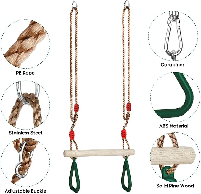 Trapeze Swing Bar with Rings, Wooden Trapeze Swing Bar with Plastic Gym Rings Adjustable Rope, Locking Straps, Outdoor Swing Set Playground Accessories for Kids (Green)