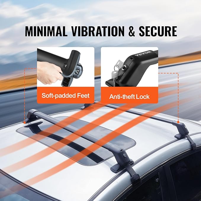 VEVOR Roof Rack Cross Bars, Aluminum Roof Rack Crossbars, Fit Roof Without Side Rail, 155 lbs Load Capacity, Adjustable Bare Roof Crossbars with Locks, for SUVs, Sedans, and Vans