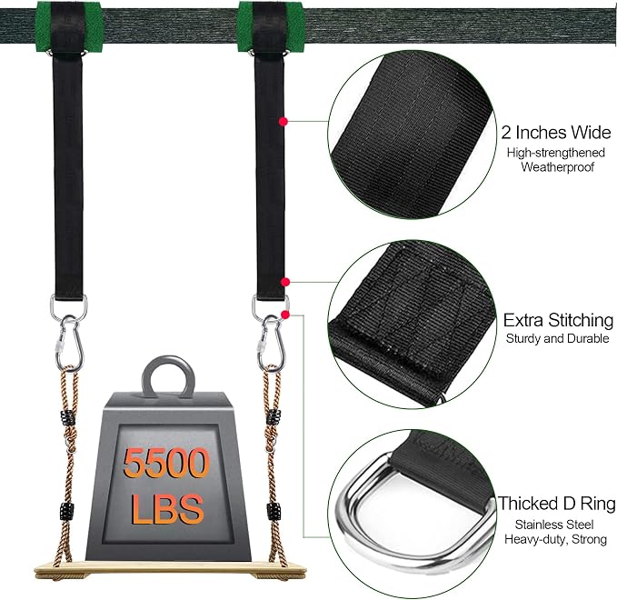 Safe Tree Swing Hanging Straps Kit, 3FT/10FT/15FT/20FT, Heavy Duty Holds 5500LBS Extra Long Adjustable Tree Swing Straps, Easy & Fast Way to Hang Any Swing or Hammock(10 FT)
