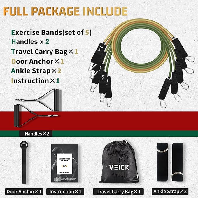 VEICK Resistance Bands Set, 10-150 LBS Stackable Exercise Bands with Handles, Ankle Straps & Door Anchor, Workout Bands for Home Gym, Yoga, Pilates, Physical Therapy for Men Women