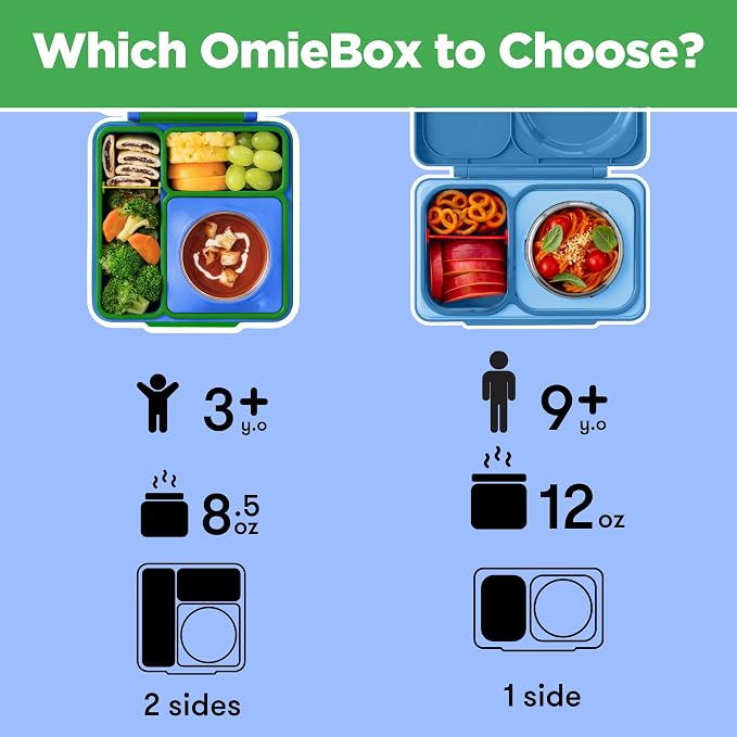 OmieBox Bento Box for Kids - Insulated Bento Lunch Box with Leak Proof Vacuum Insulated Food Jar - 3 Compartments, Two Temperature Zones (Monster Blue)