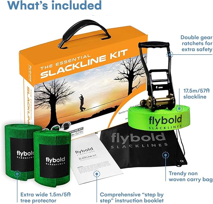Flybold 57ft Slackline Kit - Slack Lines for Backyard for Kids and Adults with Tree Protectors, Carry Bag and Ratchet - Ninja Slackline Obstacle Course and Balance Rope for Core Strength Training