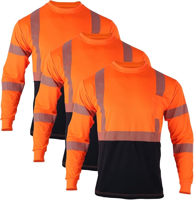 VENDACE 3 Pcs Safety T Shirts Reflective High Visibility Hi Vis Long Sleeve Construction Work Shirts for Men (Orange,3XL)