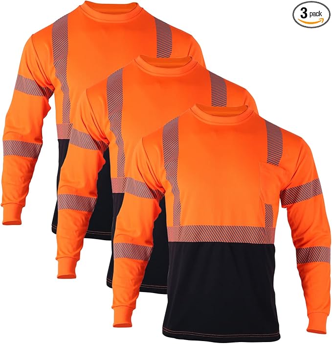 VENDACE 3 Pcs Safety T Shirts Reflective High Visibility Hi Vis Long Sleeve Construction Work Shirts for Men (Orange,2XL)