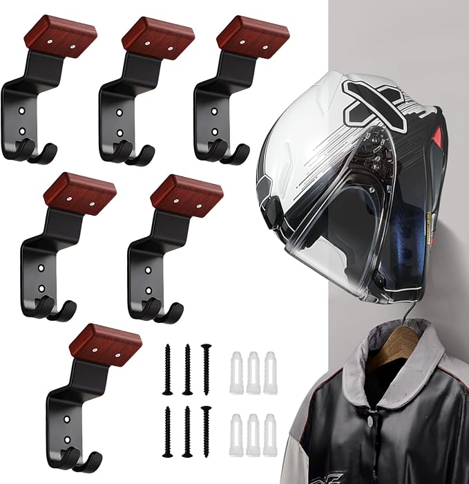 Motorcycle Helmet Holder Wall Mount - Heavy Duty Helmet Hanger Rack with 2 Key Hooks, Solid Wood & Strong Steel Design for Bike, Football, Skiing Sports Gear, Jackets & Hats (6)