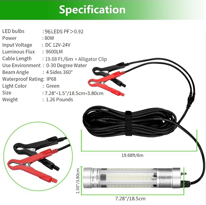 80W 9600lm Underwater Fishing Light, IP68 Waterproof Aluminum Super Bright Night Fish Attracting Submersible LED Lamp Lure Bait Finder for Freshwater Saltwater Sea Kayak Boat Ice Dock (White)