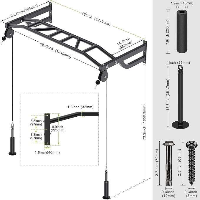 SELEWARE 48'' Heavy Duty Pull Up Bar Wall Mount Multi-function Chin up Bar with Home Gym Cable Pulley System LAT Pulldown Workout Attachments Heavy Bag Hanger
